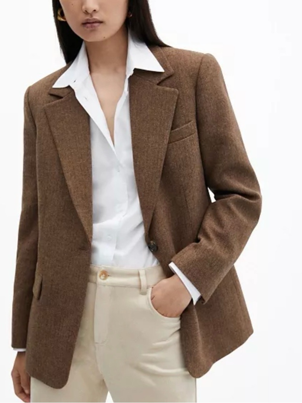 Mango Brown Wool-Blend Single-Button Blazer Jacket Classic Lapel Collar